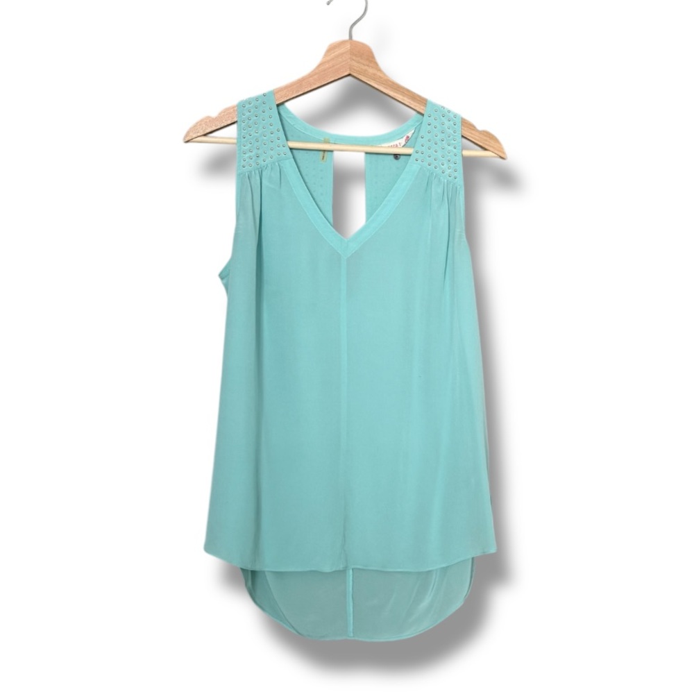 Rebecca Taylor Silk Aqua Sleeveless Top with Studded Shoulders | Size 4